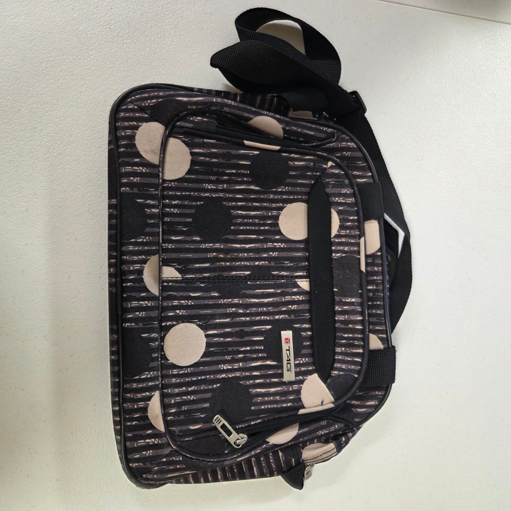 TAG Black Tan Polka Dot Striped Messenger Laptop Bag Adjustable Strap Zip Close